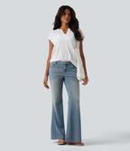 Semi Sheer Notched Short Sleeve Casual T-Shirt — White — view 6