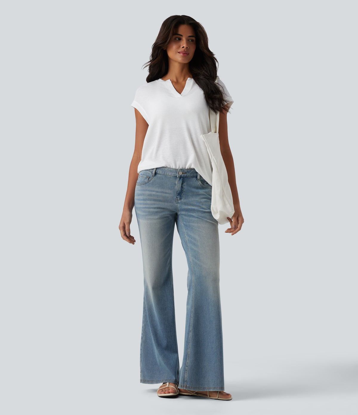 Semi Sheer Notched Short Sleeve Casual T-Shirt — White — view 6