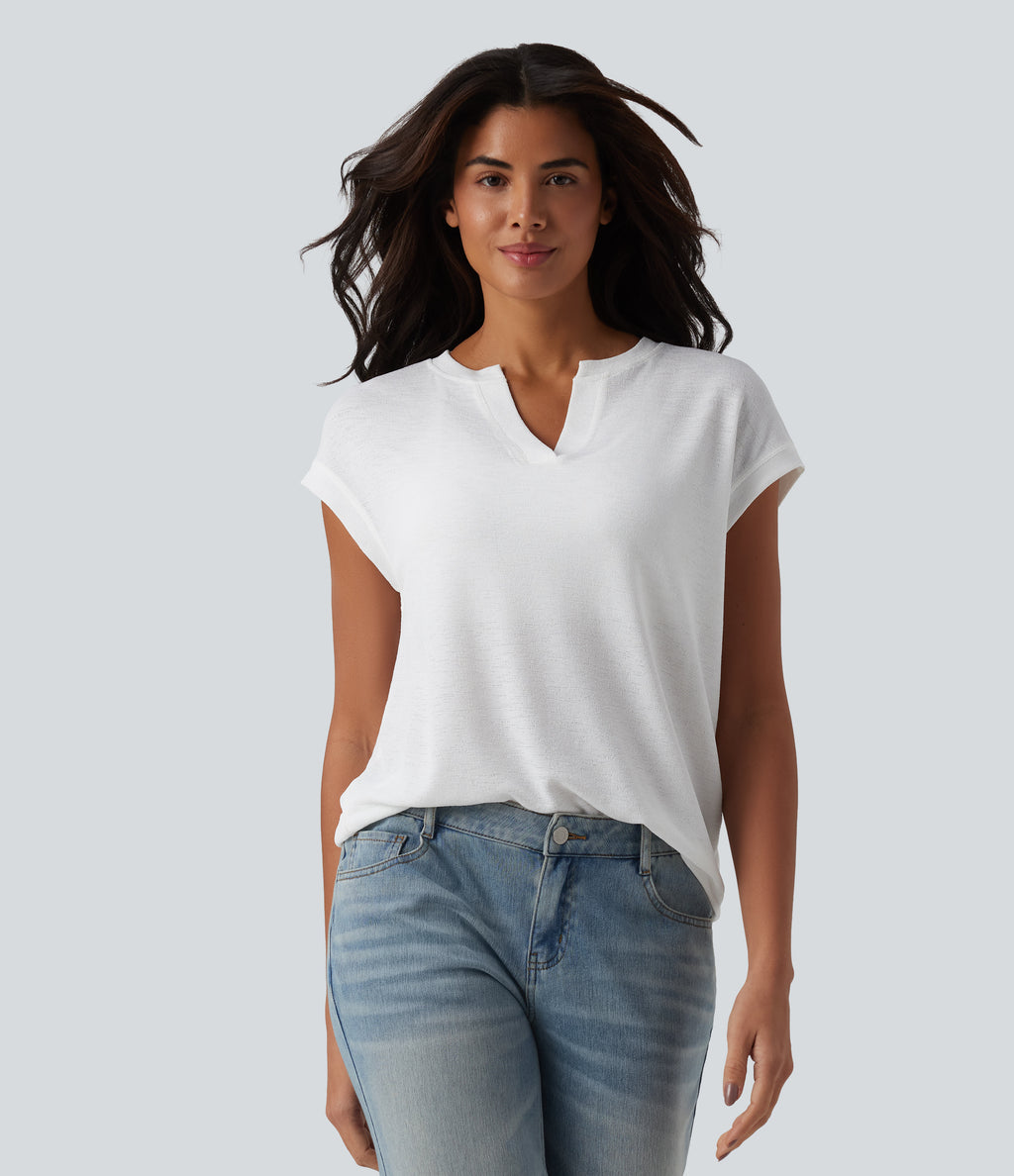 Semi Sheer Notched Short Sleeve Casual T-Shirt — White — view 1