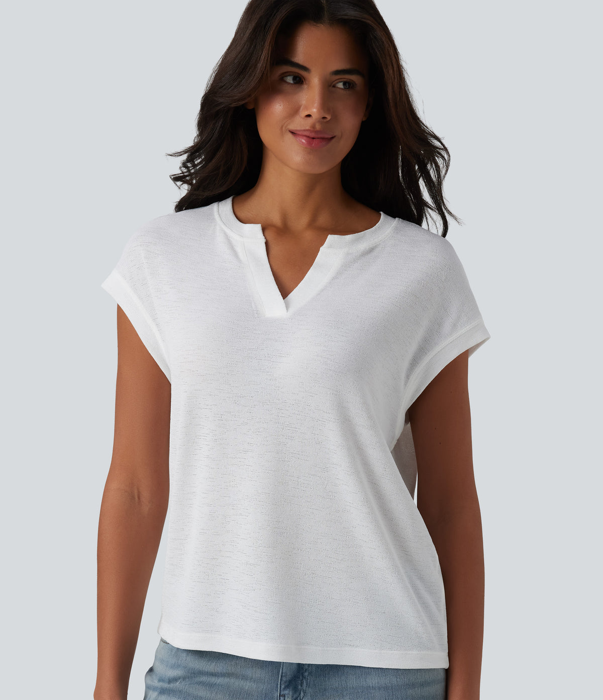Semi Sheer Notched Short Sleeve Casual T-Shirt — White — view 4