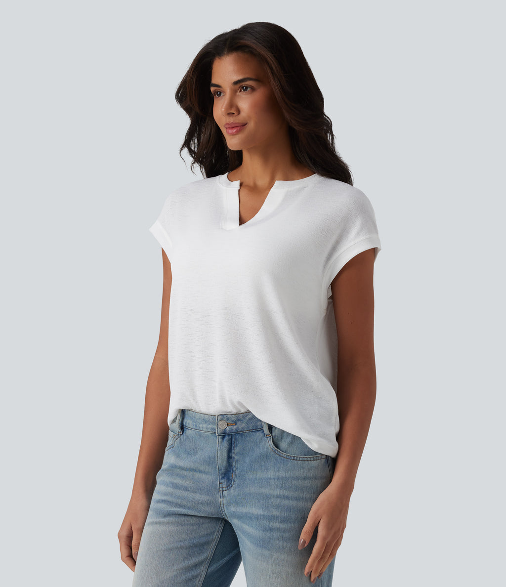 Semi Sheer Notched Short Sleeve Casual T-Shirt — White — view 3