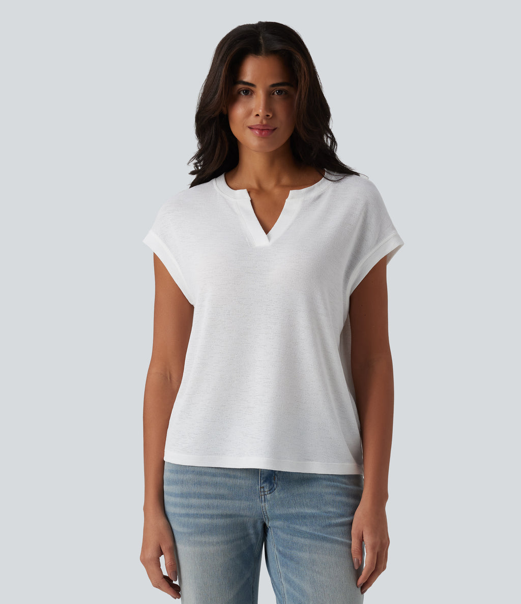 Semi Sheer Notched Short Sleeve Casual T-Shirt — White — view 5