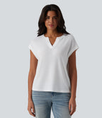 Semi Sheer Notched Short Sleeve Casual T-Shirt — White — view 5