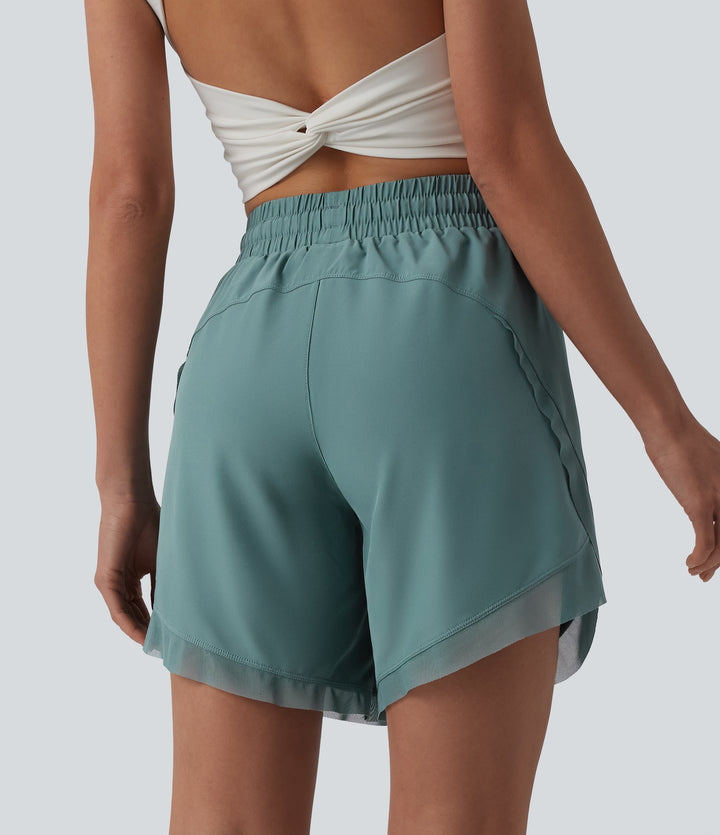 Mid Rise Drawstring Contrast Mesh 2-in-1 Flowy Yoga Shorts 7'' — Mineral Blue — view 1