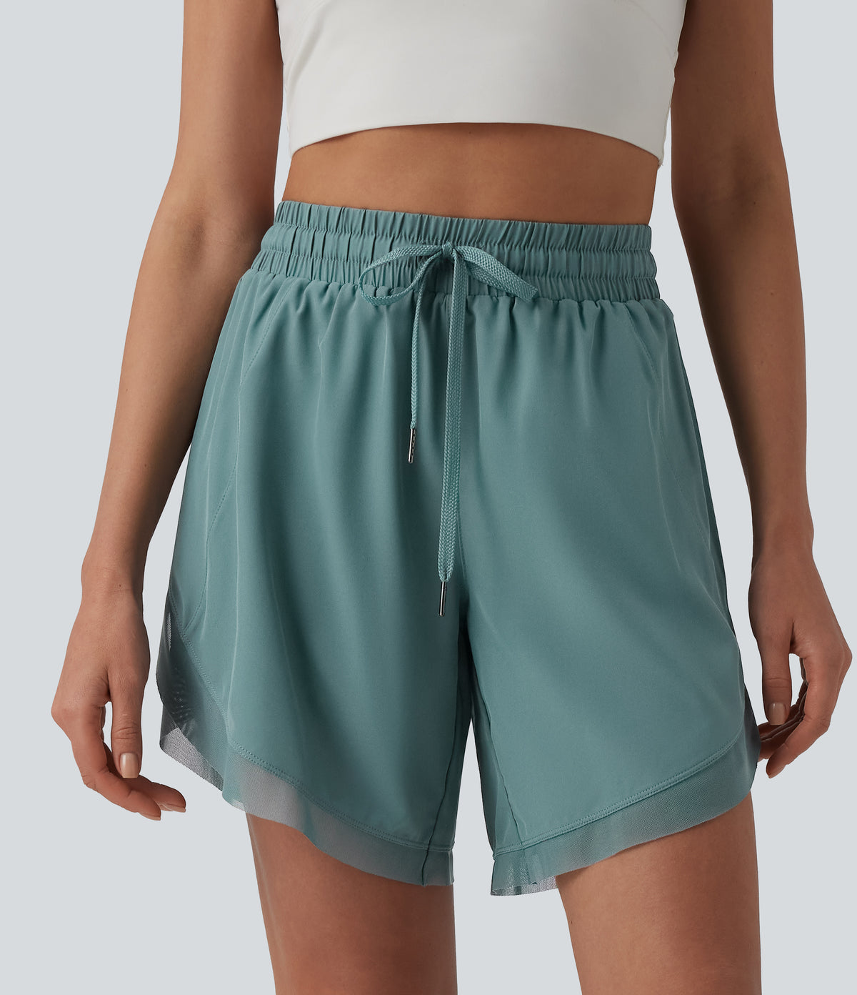 Mid Rise Drawstring Contrast Mesh 2-in-1 Flowy Yoga Shorts 7'' — Mineral Blue — view 3