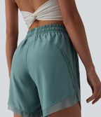 Mid Rise Drawstring Contrast Mesh 2-in-1 Flowy Yoga Shorts 7'' — Mineral Blue — view 7