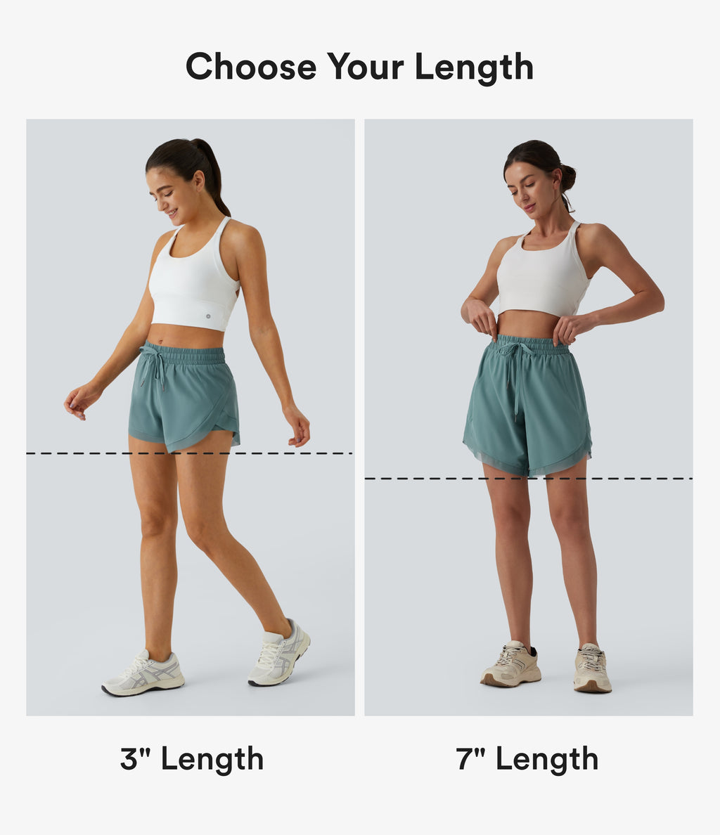 Mid Rise Drawstring Contrast Mesh 2-in-1 Flowy Yoga Shorts 7'' — Mineral Blue — view 2