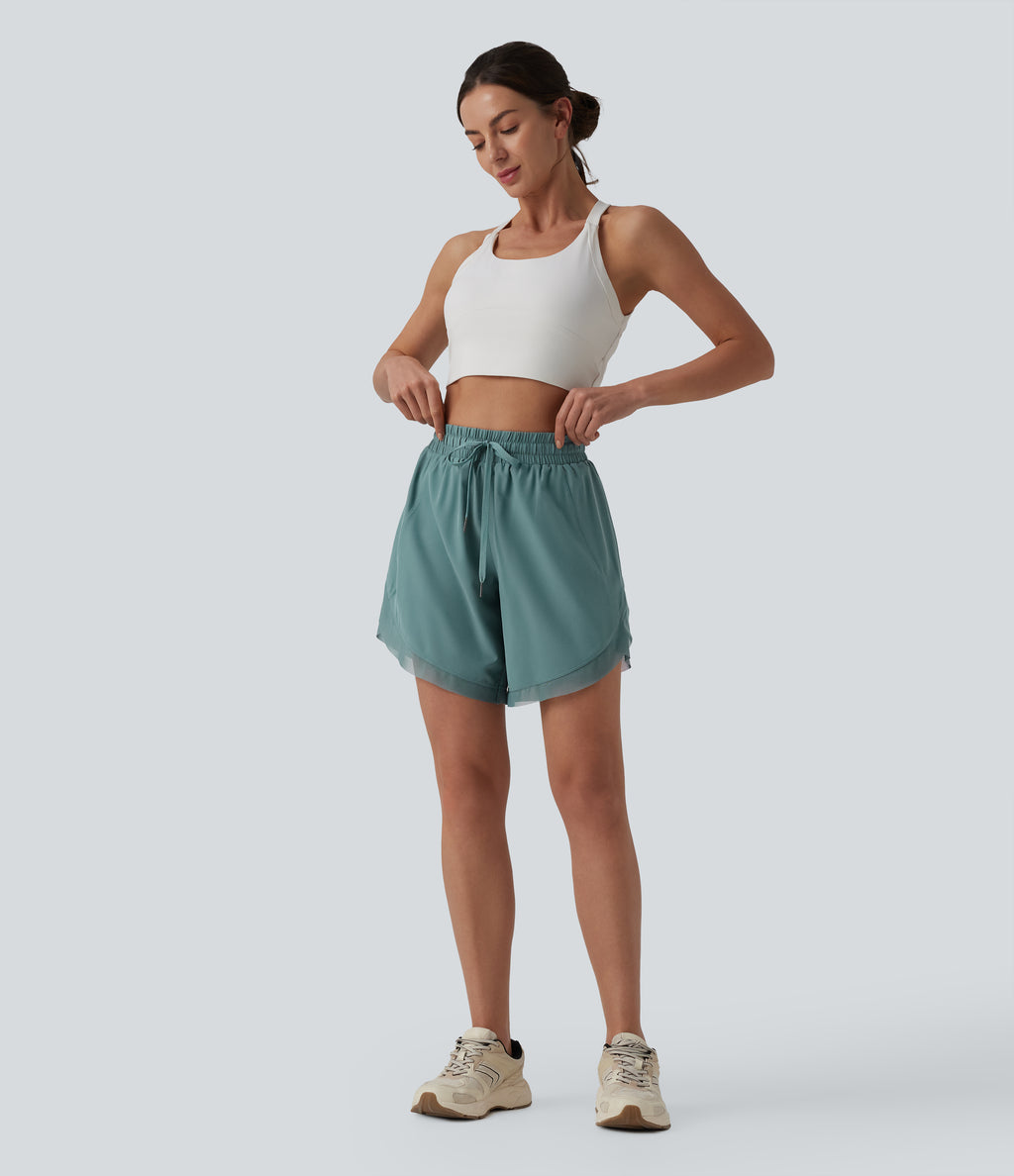 Mid Rise Drawstring Contrast Mesh 2-in-1 Flowy Yoga Shorts 7'' — Mineral Blue — view 8