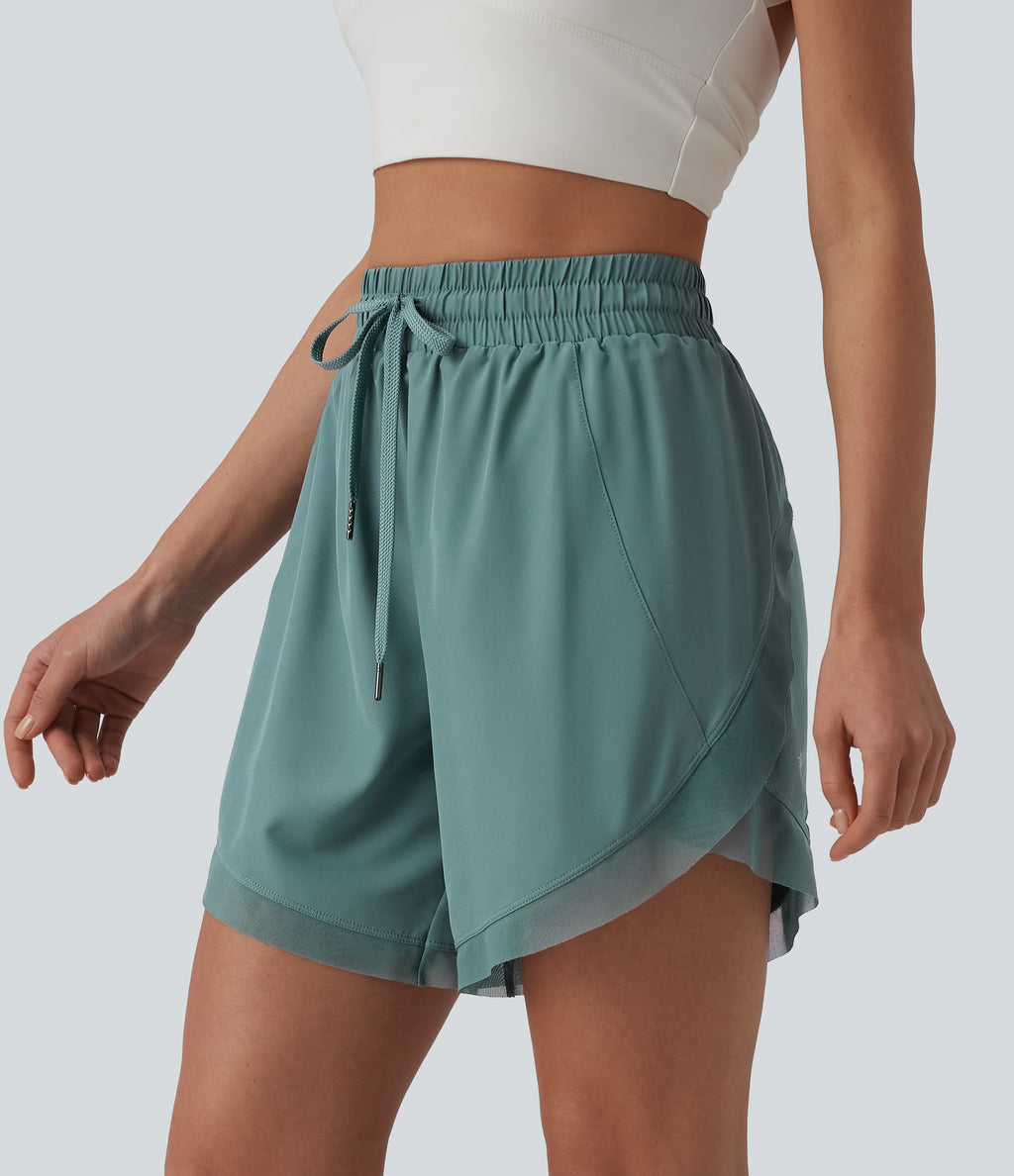 Mid Rise Drawstring Contrast Mesh 2-in-1 Flowy Yoga Shorts 7'' — Mineral Blue — view 4