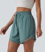 Mid Rise Drawstring Contrast Mesh 2-in-1 Flowy Yoga Shorts 7'' — Mineral Blue — view 4
