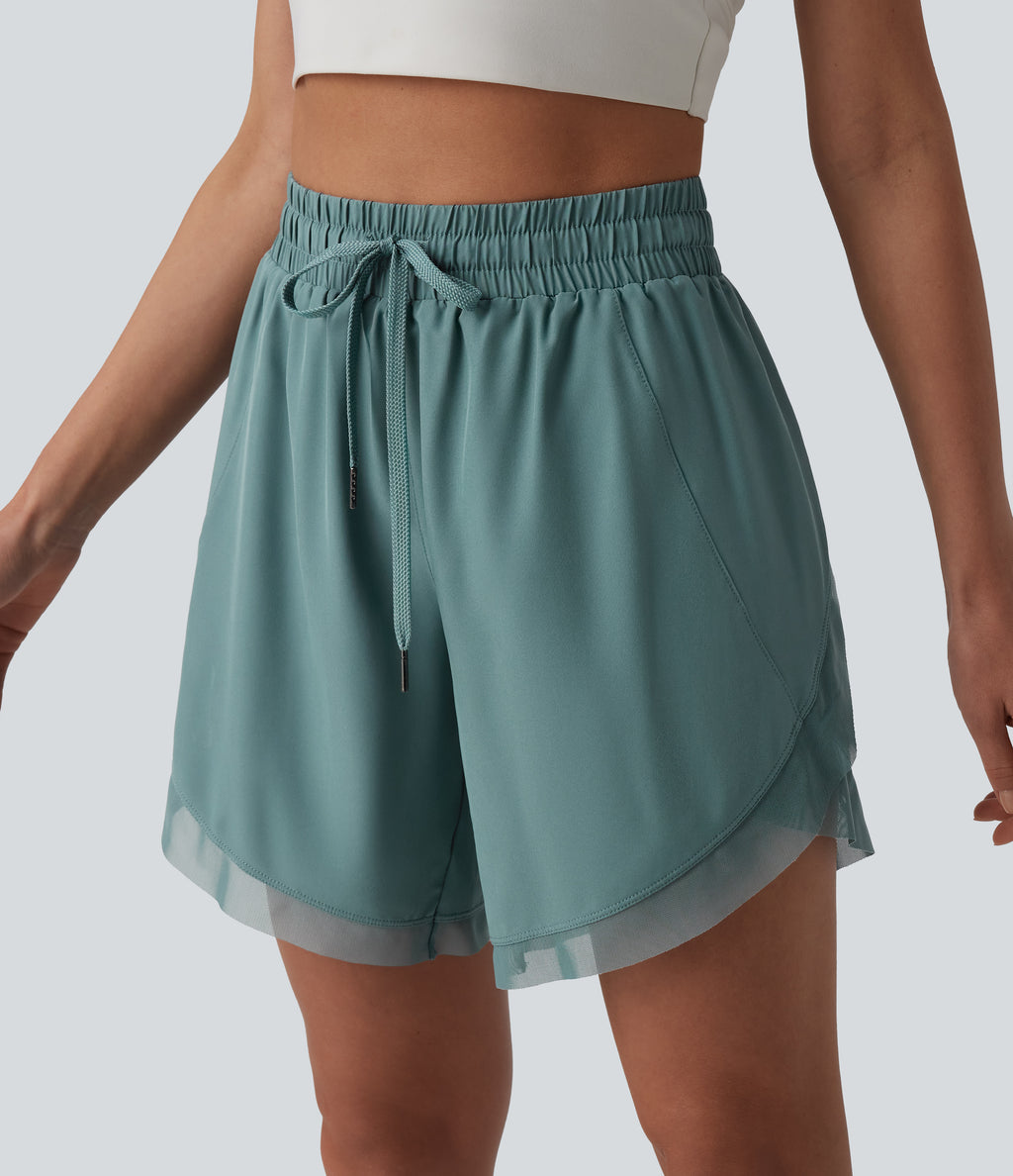 Mid Rise Drawstring Contrast Mesh 2-in-1 Flowy Yoga Shorts 7'' — Mineral Blue — view 6