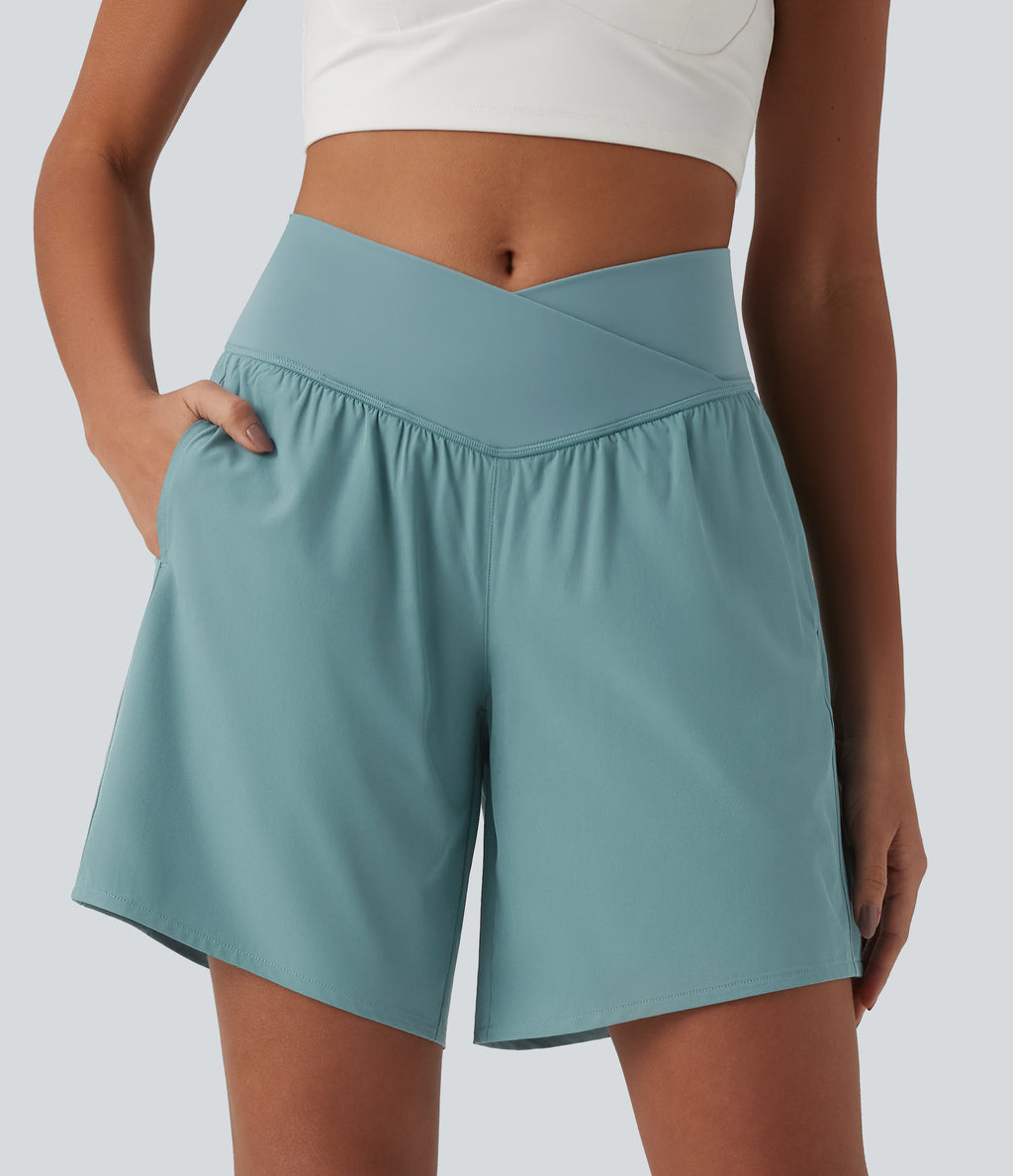 High Waisted Crossover 2-in-1 Quick Dry Yoga Shorts 7'' with Pockets — Stone Blue — view 1