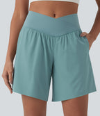High Waisted Crossover 2-in-1 Quick Dry Yoga Shorts 7'' with Pockets — Stone Blue — view 7