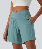 High Waisted Crossover 2-in-1 Quick Dry Yoga Shorts 7'' with Pockets — Stone Blue — view 4