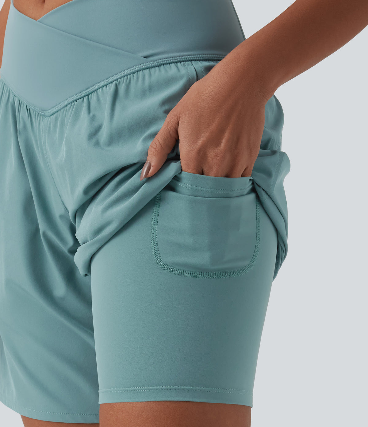 High Waisted Crossover 2-in-1 Quick Dry Yoga Shorts 7'' with Pockets — Stone Blue — view 5