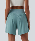 High Waisted Crossover 2-in-1 Quick Dry Yoga Shorts 7'' with Pockets — Stone Blue — view 3