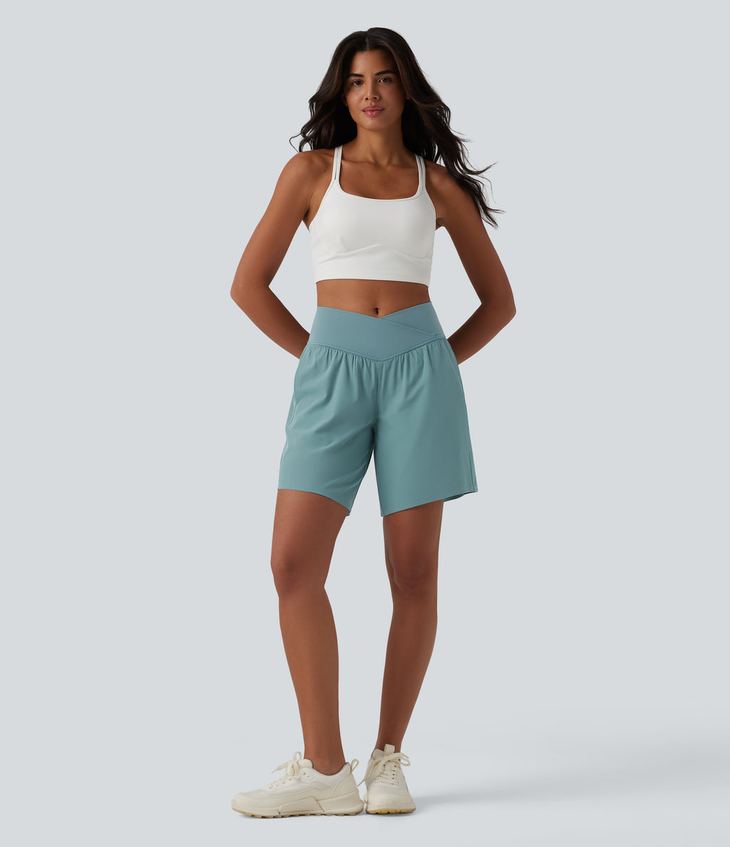 High Waisted Crossover 2-in-1 Quick Dry Yoga Shorts 7'' with Pockets — Stone Blue — view 8