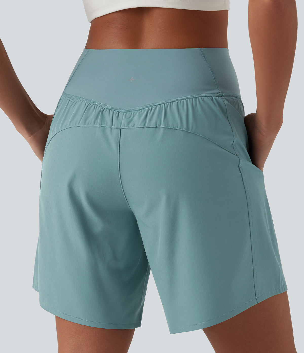 High Waisted Crossover 2-in-1 Quick Dry Yoga Shorts 7'' with Pockets — Stone Blue — view 6
