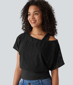 One Shoulder Short Sleeve 2-in-1 Contrast Lace Casual Top — Black — view 6