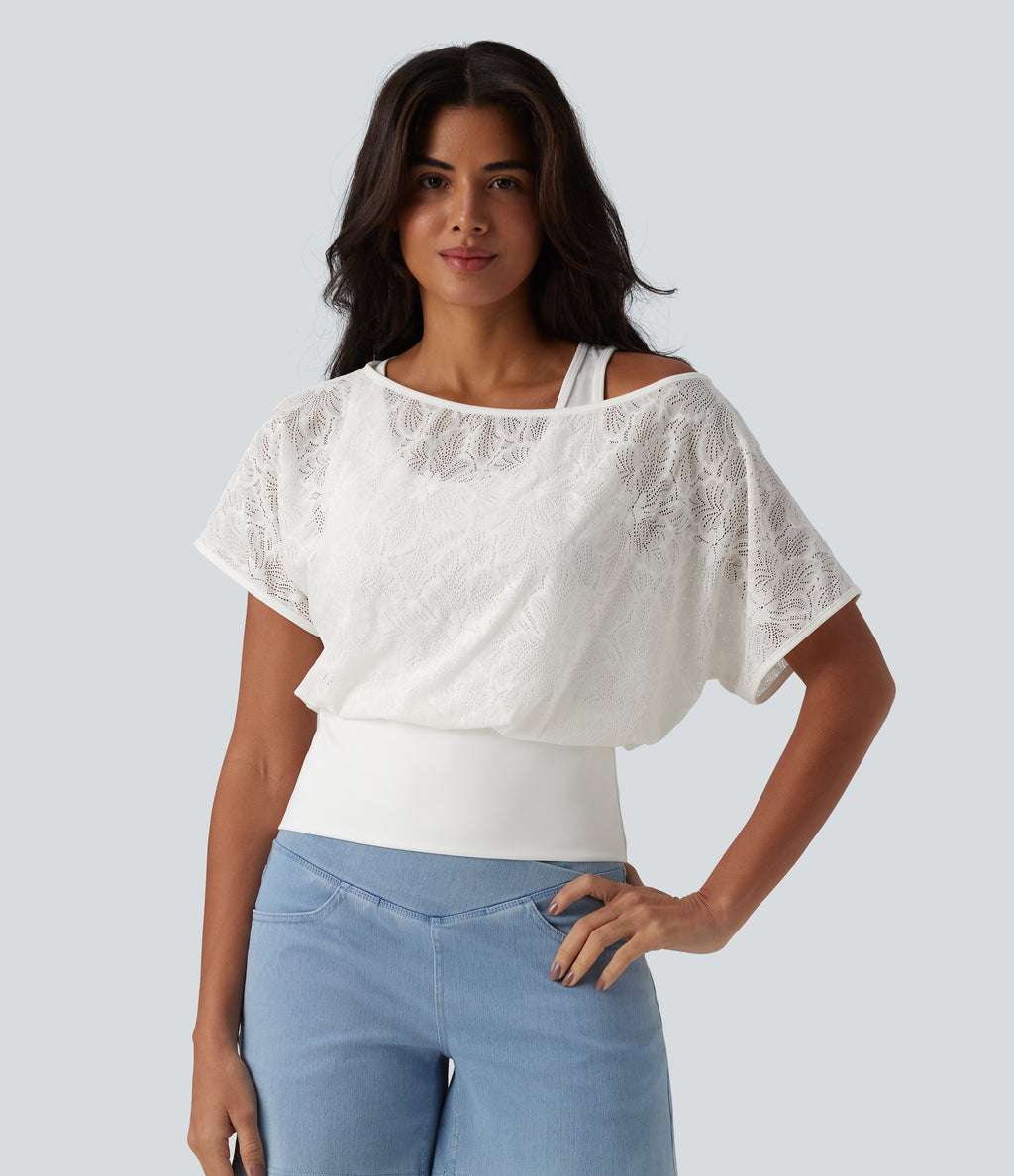 One Shoulder Short Sleeve 2-in-1 Contrast Lace Casual Top — White — view 3