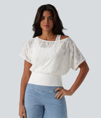 One Shoulder Short Sleeve 2-in-1 Contrast Lace Casual Top — White — view 3