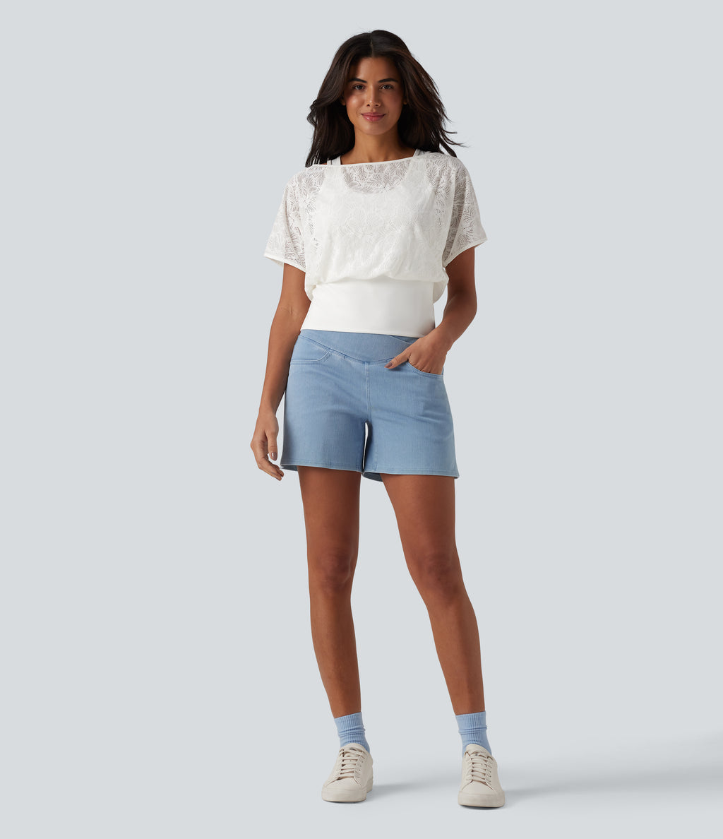 One Shoulder Short Sleeve 2-in-1 Contrast Lace Casual Top — White — view 5