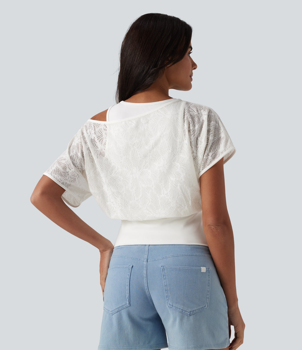 One Shoulder Short Sleeve 2-in-1 Contrast Lace Casual Top — White — view 2