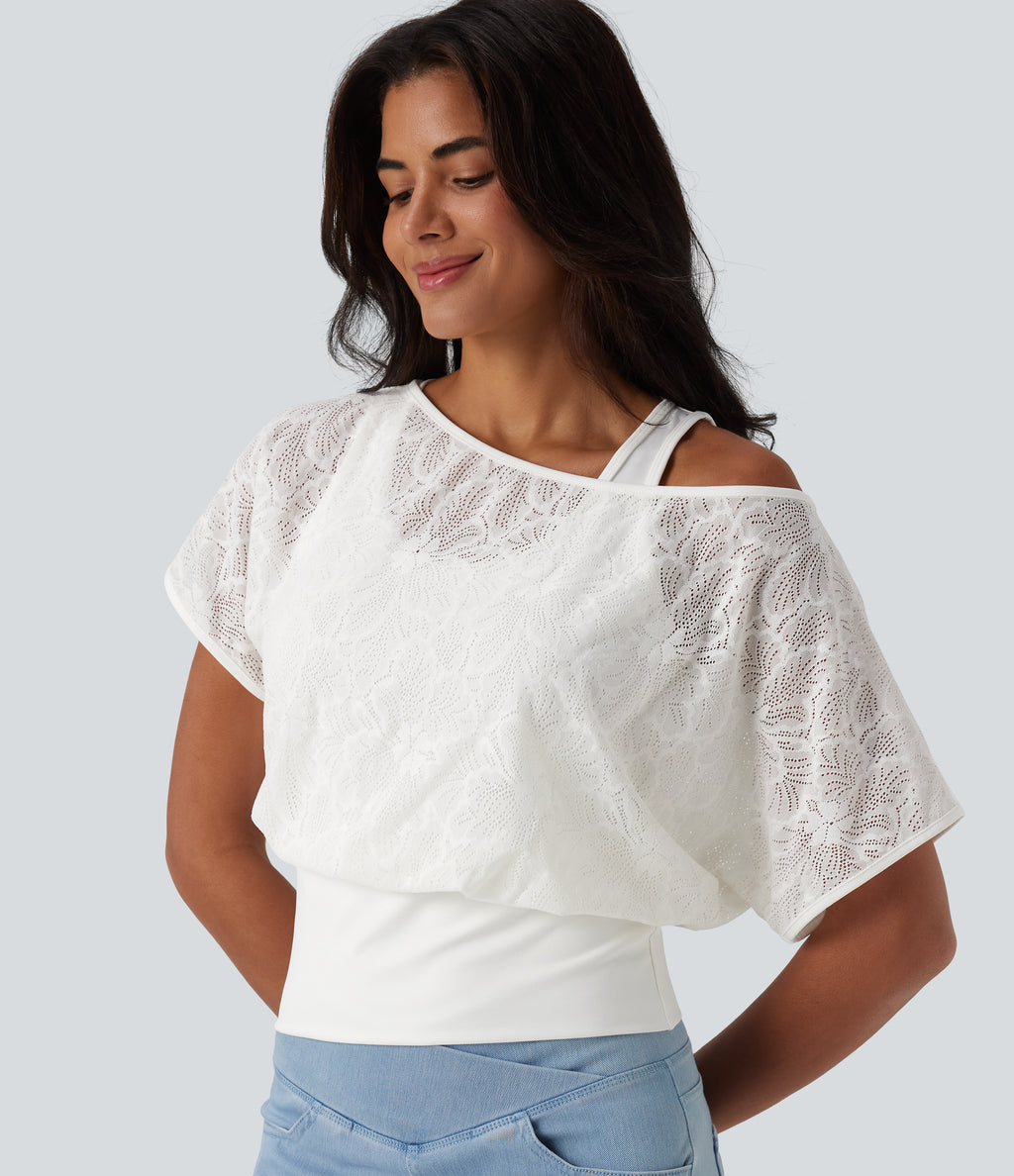 One Shoulder Short Sleeve 2-in-1 Contrast Lace Casual Top — White — view 1