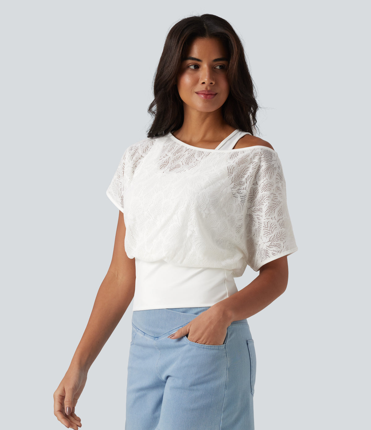 One Shoulder Short Sleeve 2-in-1 Contrast Lace Casual Top — White — view 4