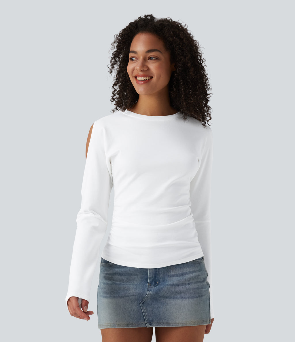 Round Neck Long Sleeve Cut Out Casual Cotton T-Shirt — White — view 3