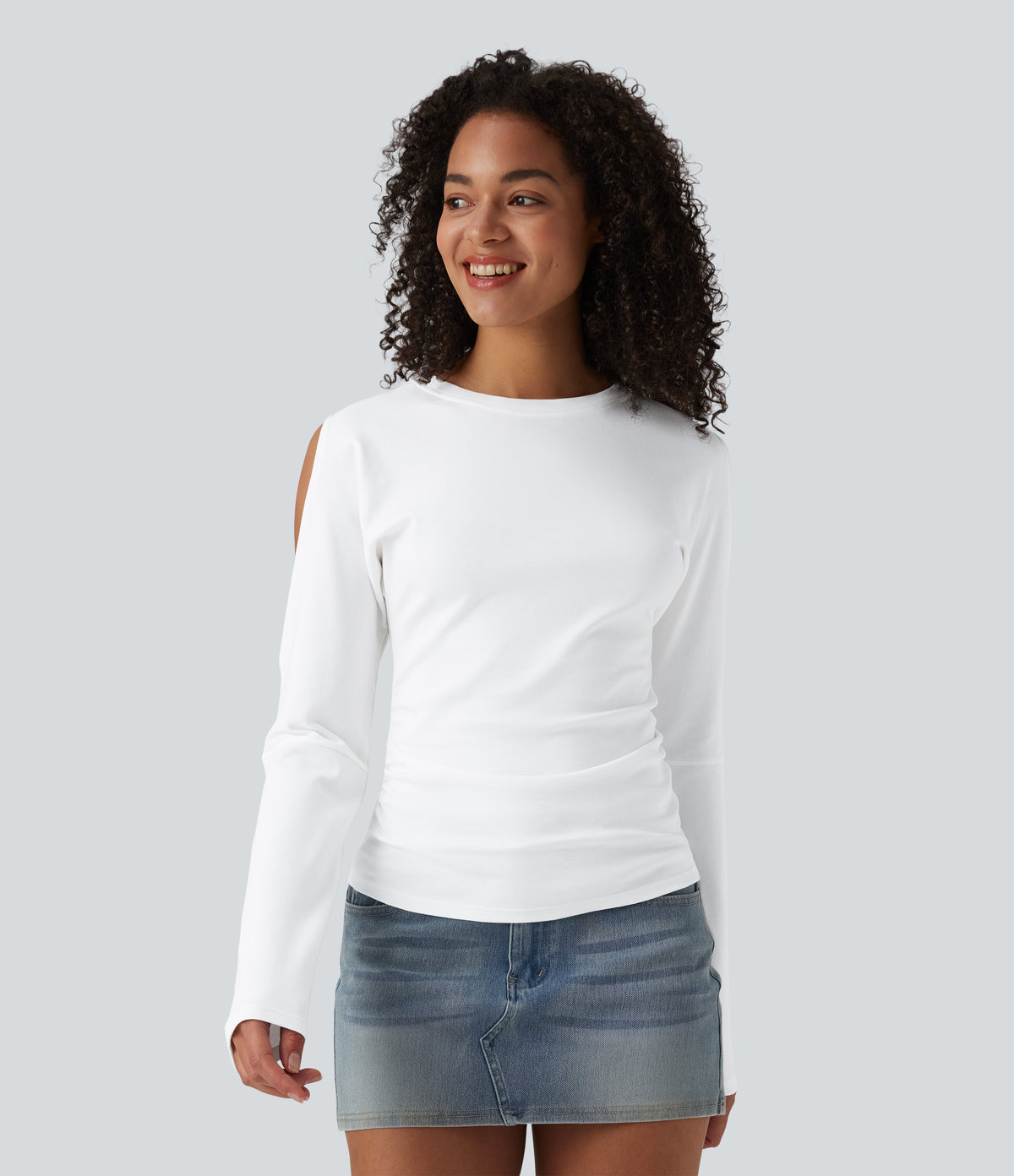 Round Neck Long Sleeve Cut Out Casual Cotton T-Shirt — White — view 3