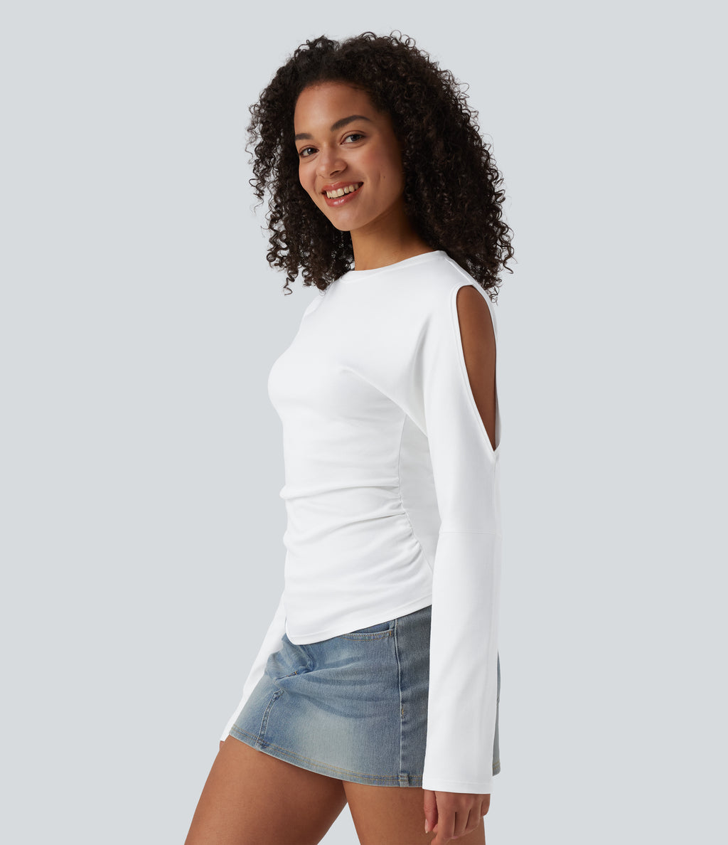 Round Neck Long Sleeve Cut Out Casual Cotton T-Shirt — White — view 4