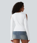 Round Neck Long Sleeve Cut Out Casual Cotton T-Shirt — White — view 2