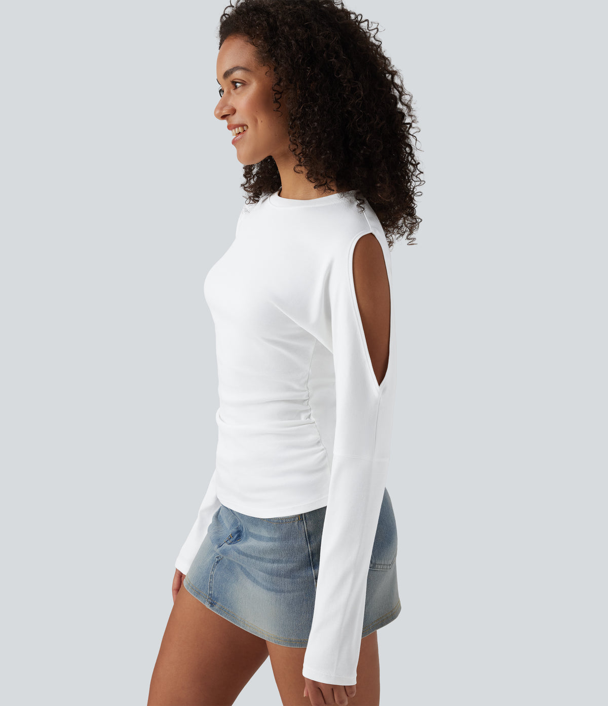 Round Neck Long Sleeve Cut Out Casual Cotton T-Shirt — White — view 1