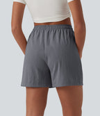 High Waisted Drawstring Casual Linen-Feel Shorts with Pockets — Obsidian Weave — view 2