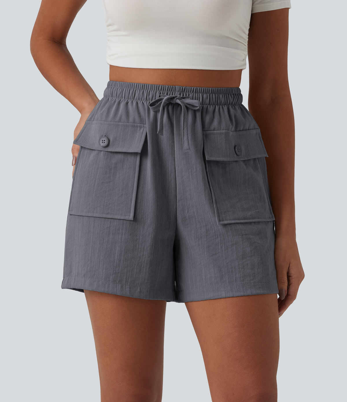 High Waisted Drawstring Casual Linen-Feel Shorts with Pockets — Obsidian Weave — view 4