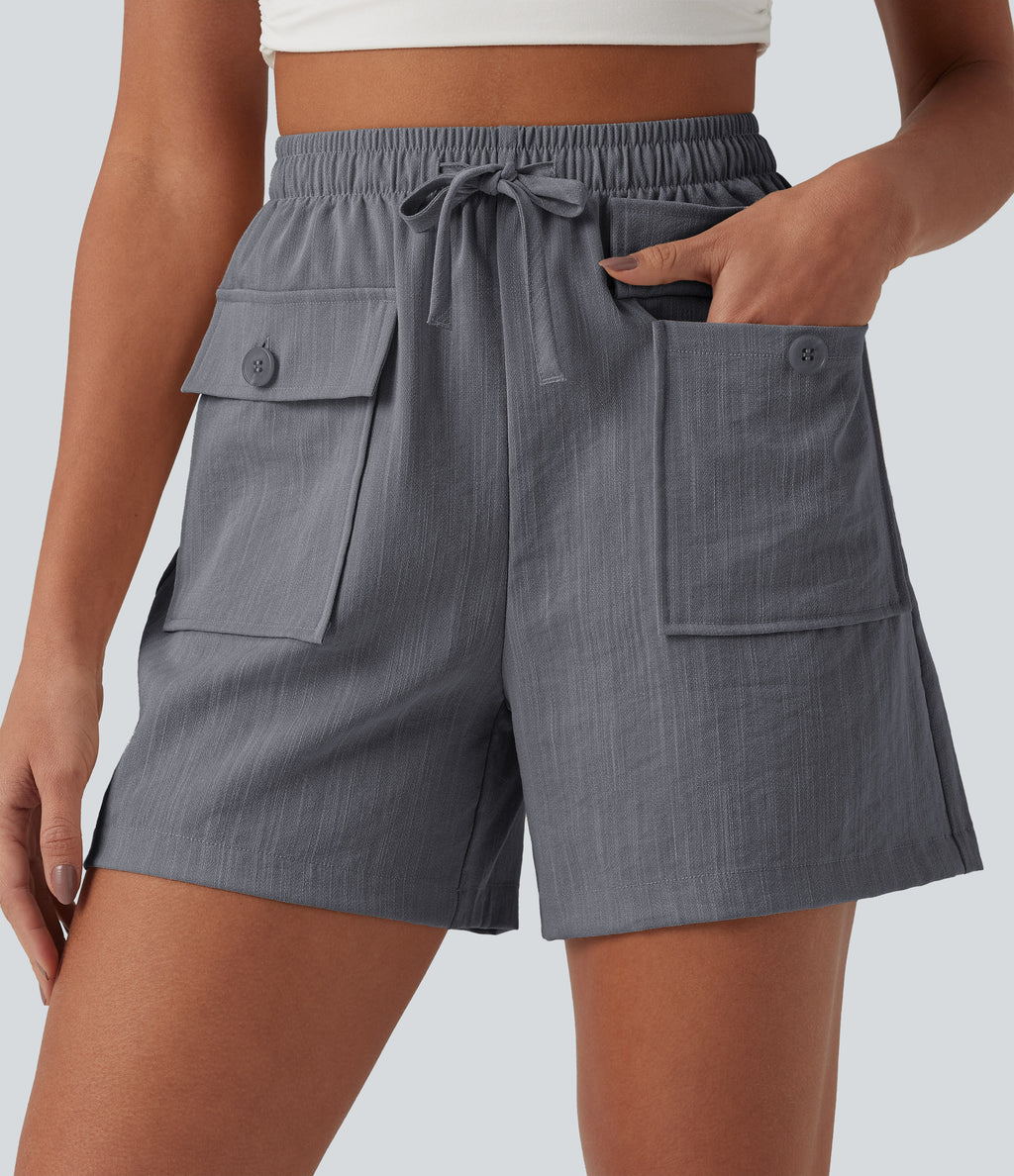 High Waisted Drawstring Casual Linen-Feel Shorts with Pockets — Obsidian Weave — view 1