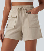 High Waisted Drawstring Casual Linen-Feel Shorts with Pockets — Dune Mirage — view 6