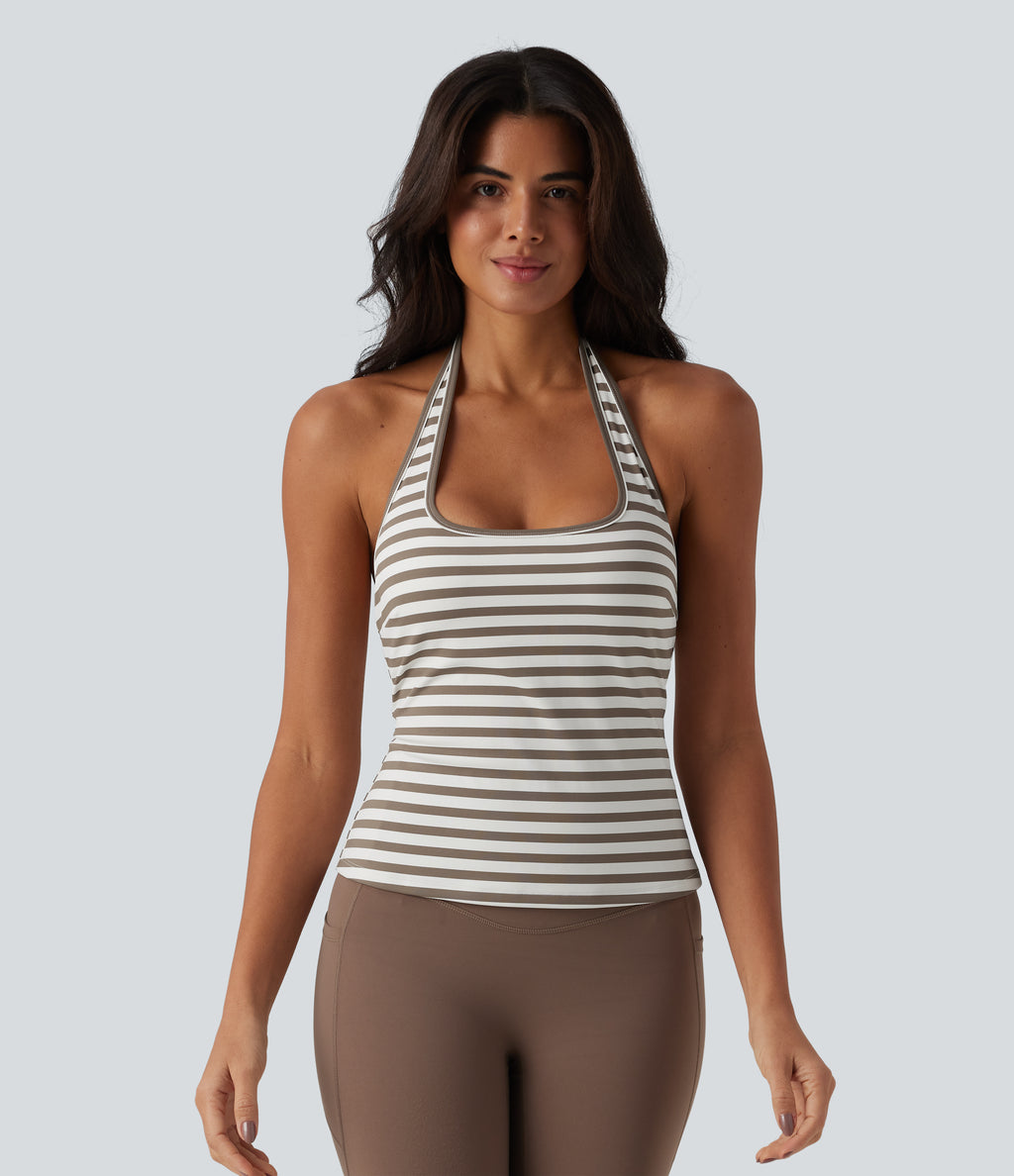 Halter Stripe Yoga Tank Top — Café Mocha — view 3