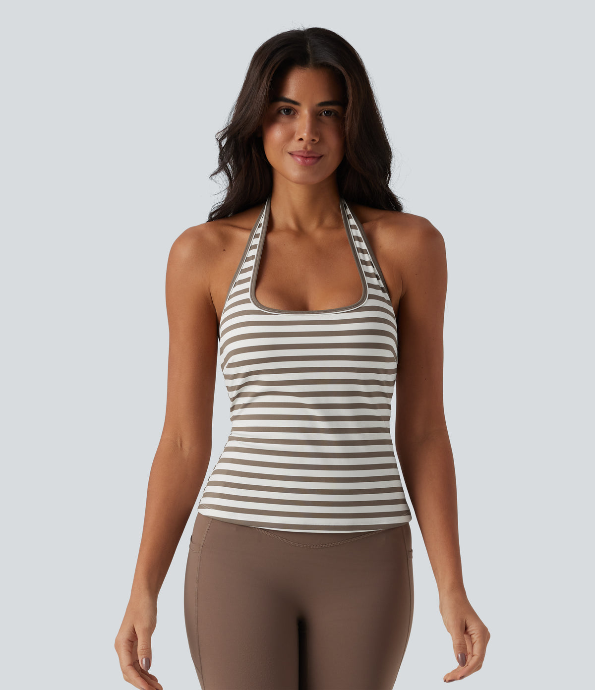 Halter Stripe Yoga Tank Top — Café Mocha — view 3
