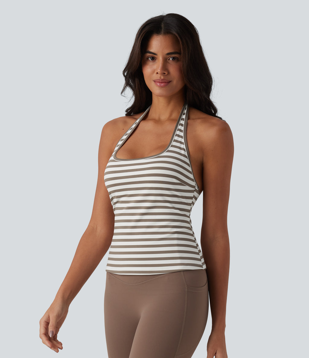 Halter Stripe Yoga Tank Top — Café Mocha — view 4