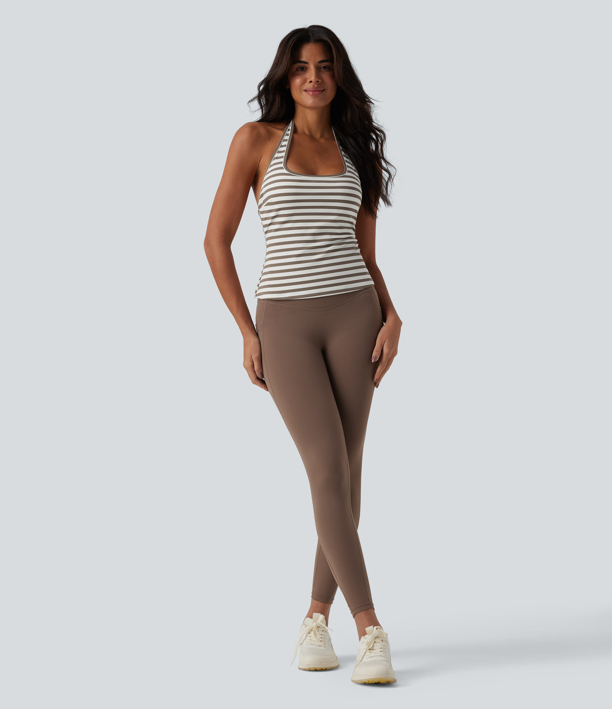 Halter Stripe Yoga Tank Top — Café Mocha — view 5