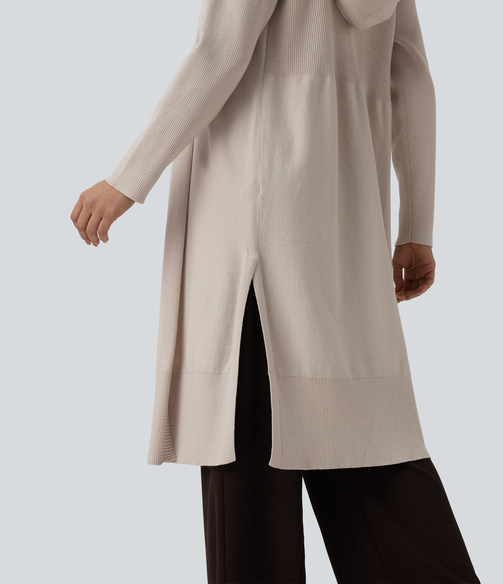 Hooded Long Sleeve Open Front Longline Casual Cardigan — Oatmeal Khaki — view 5