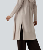 Hooded Long Sleeve Open Front Longline Casual Cardigan — Oatmeal Khaki — view 5