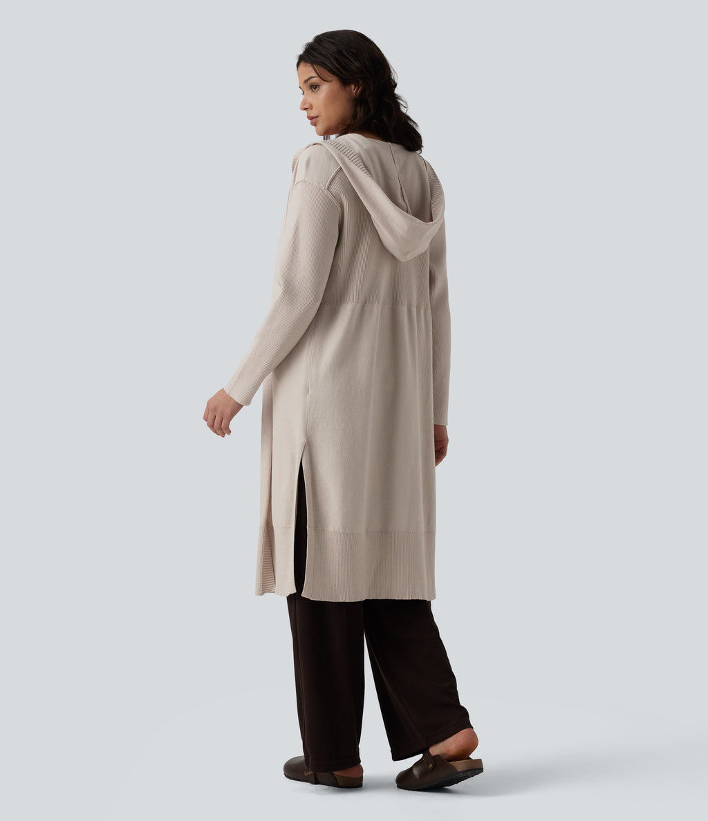Hooded Long Sleeve Open Front Longline Casual Cardigan — Oatmeal Khaki — view 1