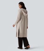 Hooded Long Sleeve Open Front Longline Casual Cardigan — Oatmeal Khaki — view 1