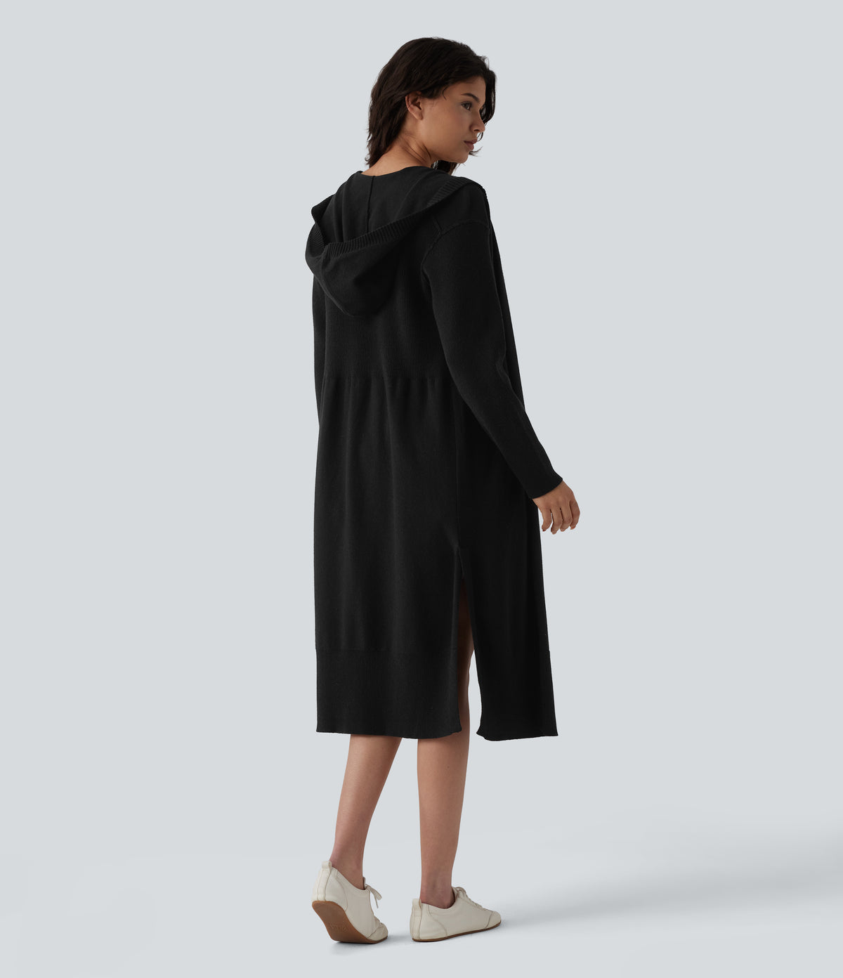 Hooded Long Sleeve Open Front Longline Casual Cardigan — Black — view 6