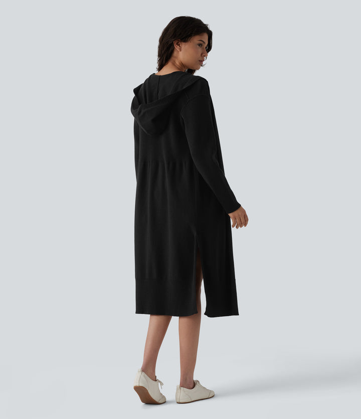 Hooded Long Sleeve Open Front Longline Casual Cardigan — Black — view 6