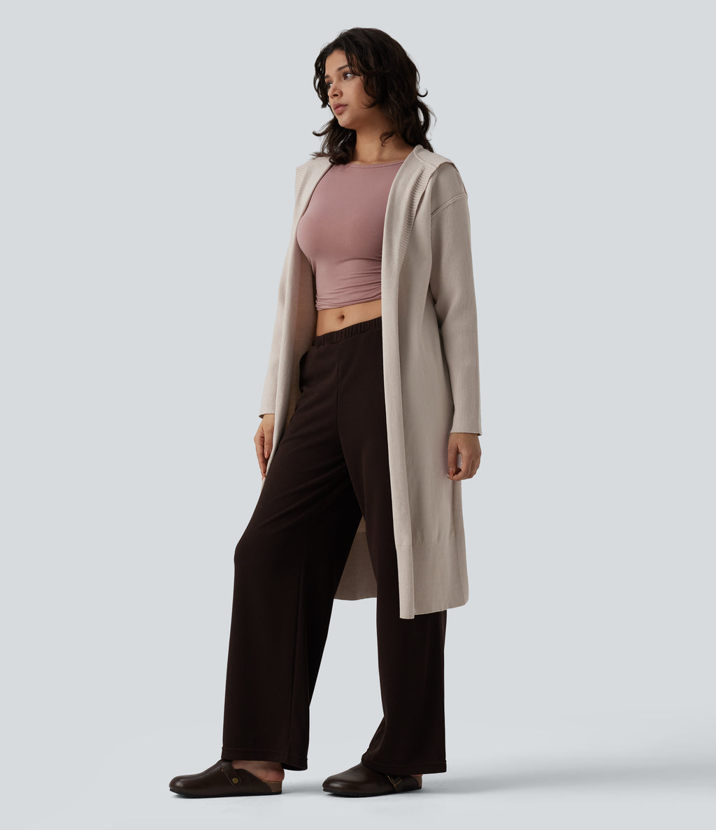 Hooded Long Sleeve Open Front Longline Casual Cardigan — Oatmeal Khaki — view 3