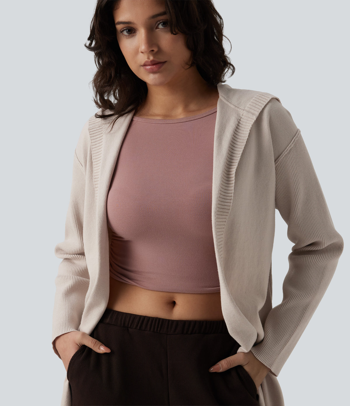 Hooded Long Sleeve Open Front Longline Casual Cardigan — Oatmeal Khaki — view 4
